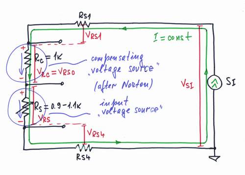 Put another compensating resistor RC = RS0 connected in series with RS into the current loop.