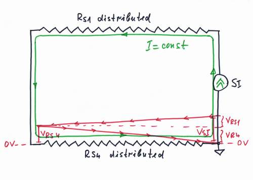 The resistances RS1 and RS4 are even distributed along the line.