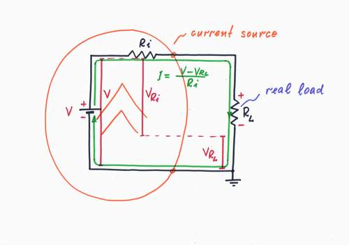 When a real load is connected at the circuit output, a problem arises - the load resistance RL affects the current. Click to view full-size picture.