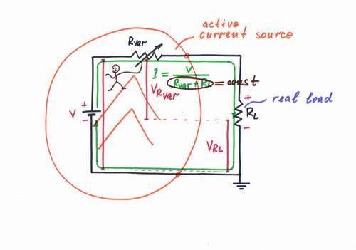 The second idea:  changing Rvar to the opposite direction thus keeping a constant total circuit resistance (Rvar + RL = const). Click to view full-size picture.