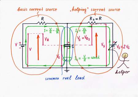 Electrical remedy 7: Here, we aid the voltage source injecting an additional current Is = VL/Ri by another 'helping' current source (fifth solution). Click to view full-size picture.