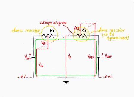 In this simple circuit, the two resistors R1 and R2 represent ordinary ohmic resistors. Click to view full-size picture.