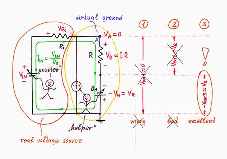 Where to take the output from? We decide to use  the 'copy' voltage -VH as an output instead the 'original' voltage VR. What a great idea! First, the load is connected to the common ground; second, it consumes energy from the 'helping' source BH instead from the input source VIN!. Click to view full-size picture.